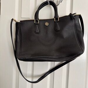 Tory Burch Black Pebbled Leather Triple Zip Satchel Crossbody